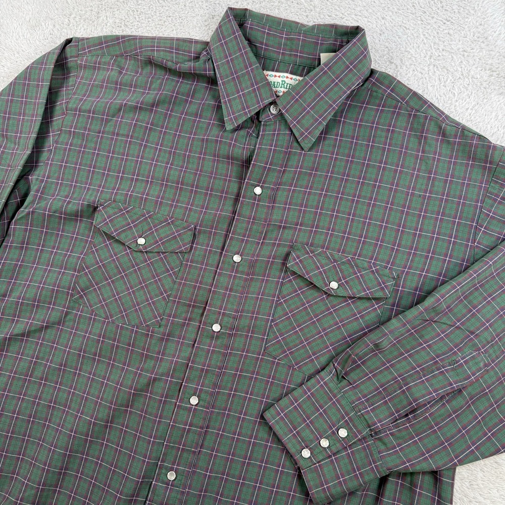 Vintage Road Rider Shirt Mens 2XL Green Plaid Pearl Snap Western Flap Pocket USA